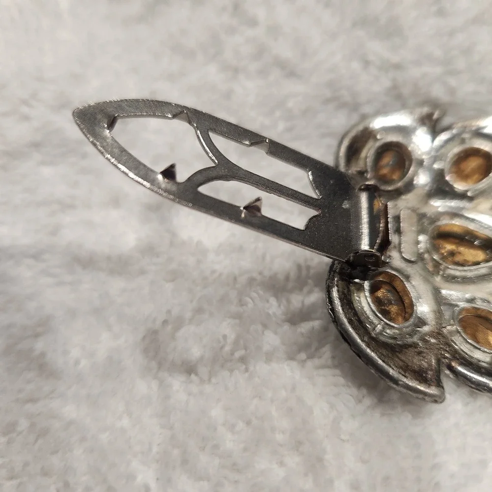 Vtg Silver‎ Tone Teal Blue Rhinestone Peacock Feather Dress Fur Clip pot metal